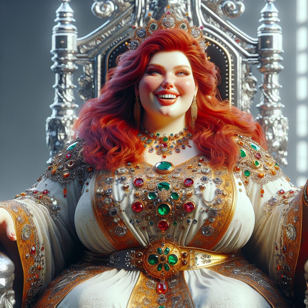 Joyful Redhead Queen on Silver Throne