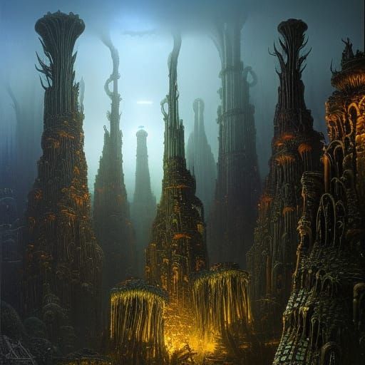 Biomechanical Alien Forest with Fortress City