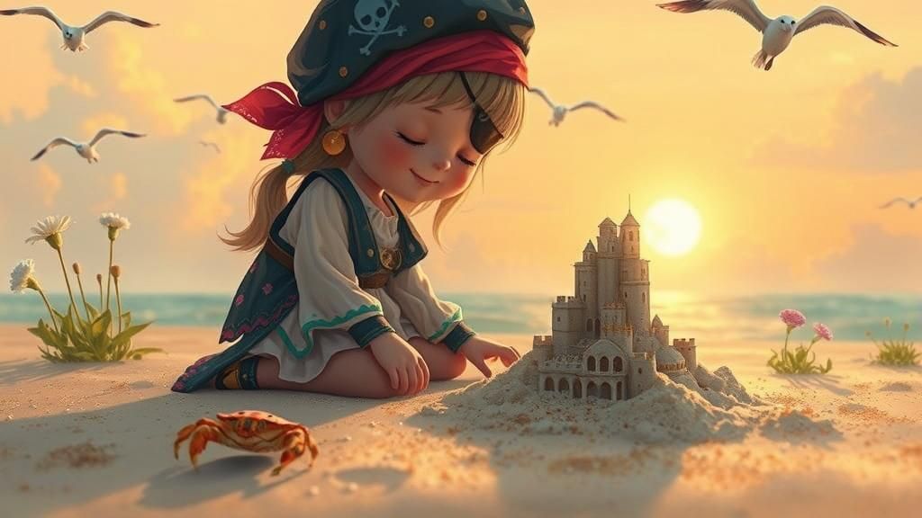Chibi Pirate Girl Building Sandcastle, Watercolor Style
