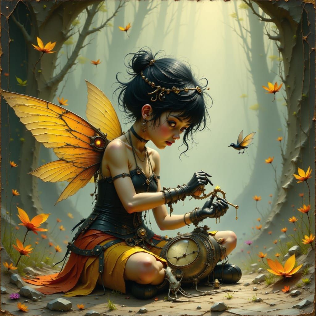 Mechanic Fairy Repairs Clockwork Bird in Steampunk Style