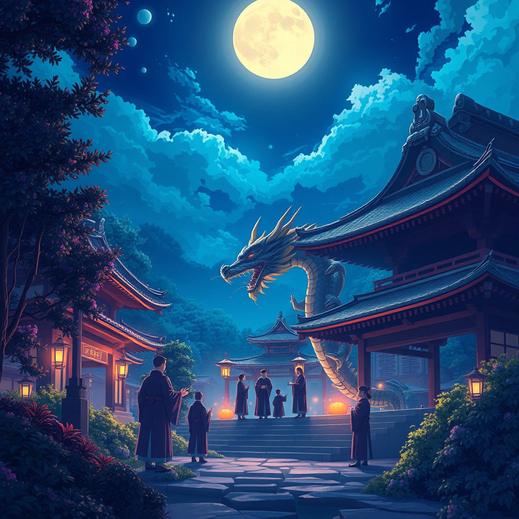 Mystical Dragon Shrine Ritual in Manga Style