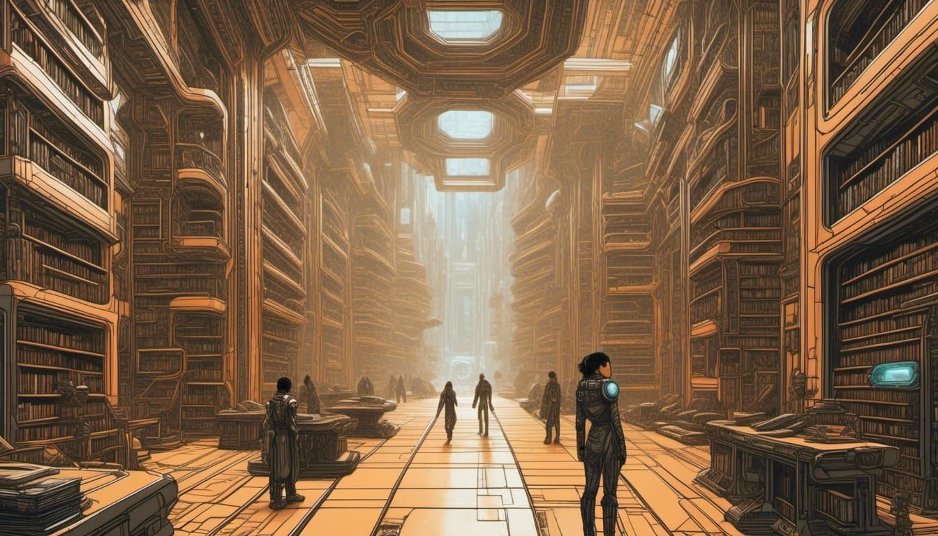 Epic Sci-Fi Arcane Library with Neon Lights