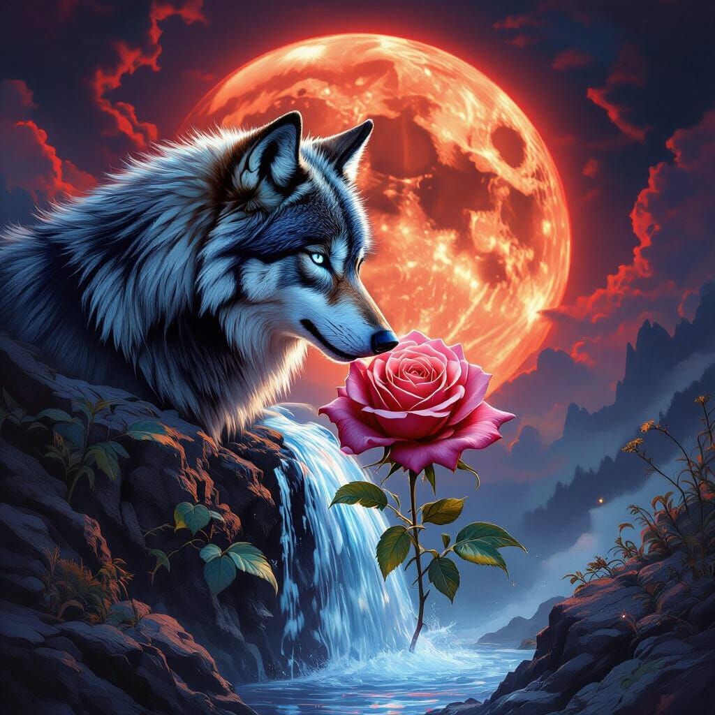 Rose Waterfall with Alpha Wolf Under Blood Moon