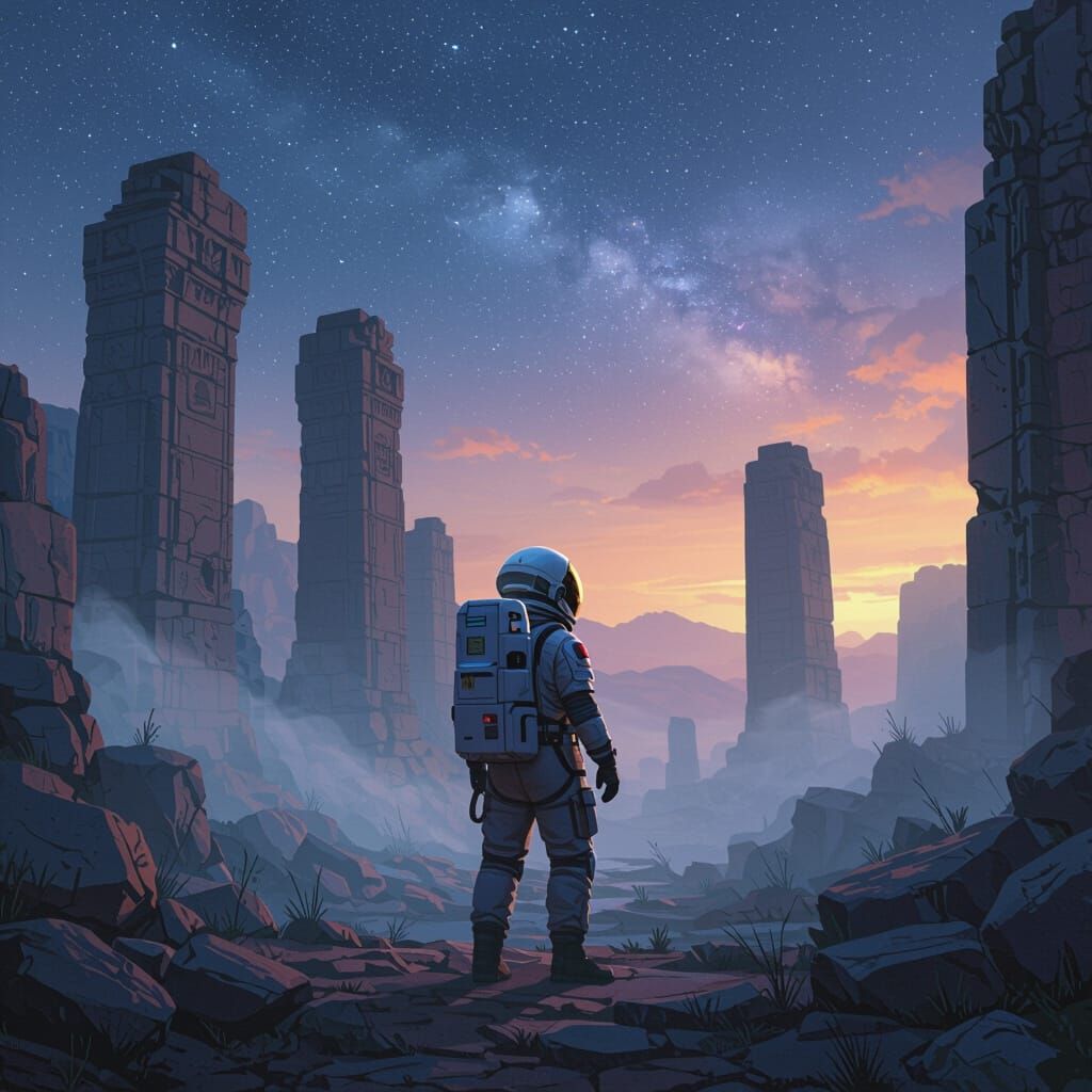 Astronaut Exploring Starry Ruins in Atmospheric Style