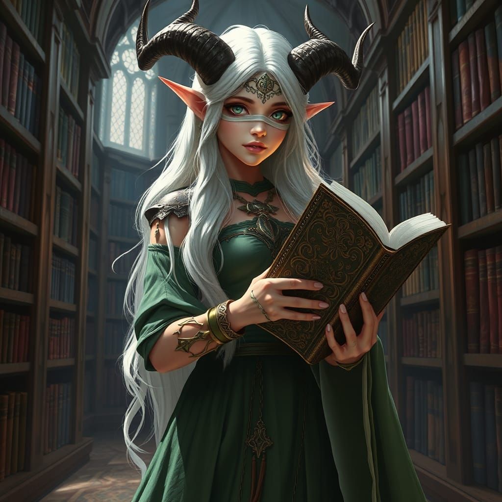 Elven Woman with Tome in Library