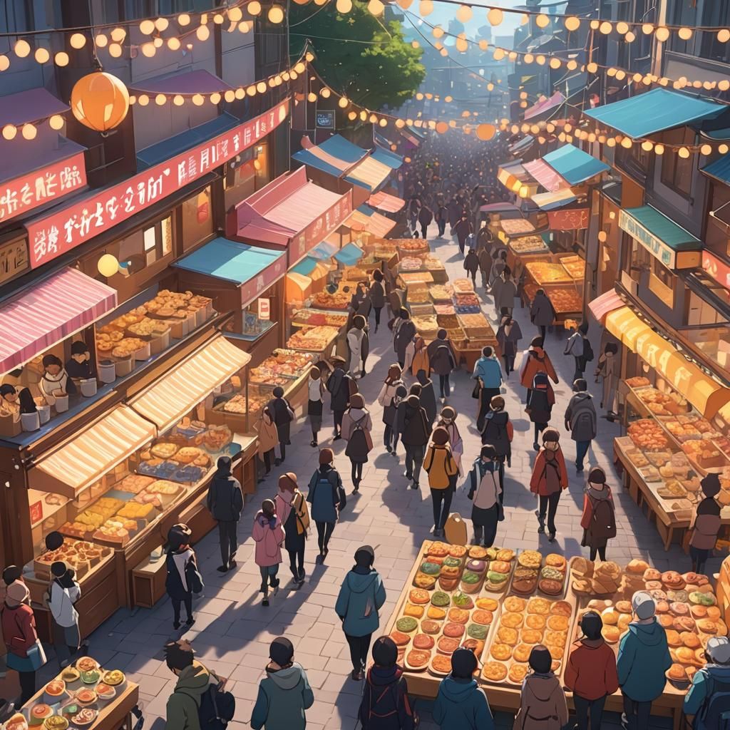 Vibrant Anime Festival with Colorful Pastries