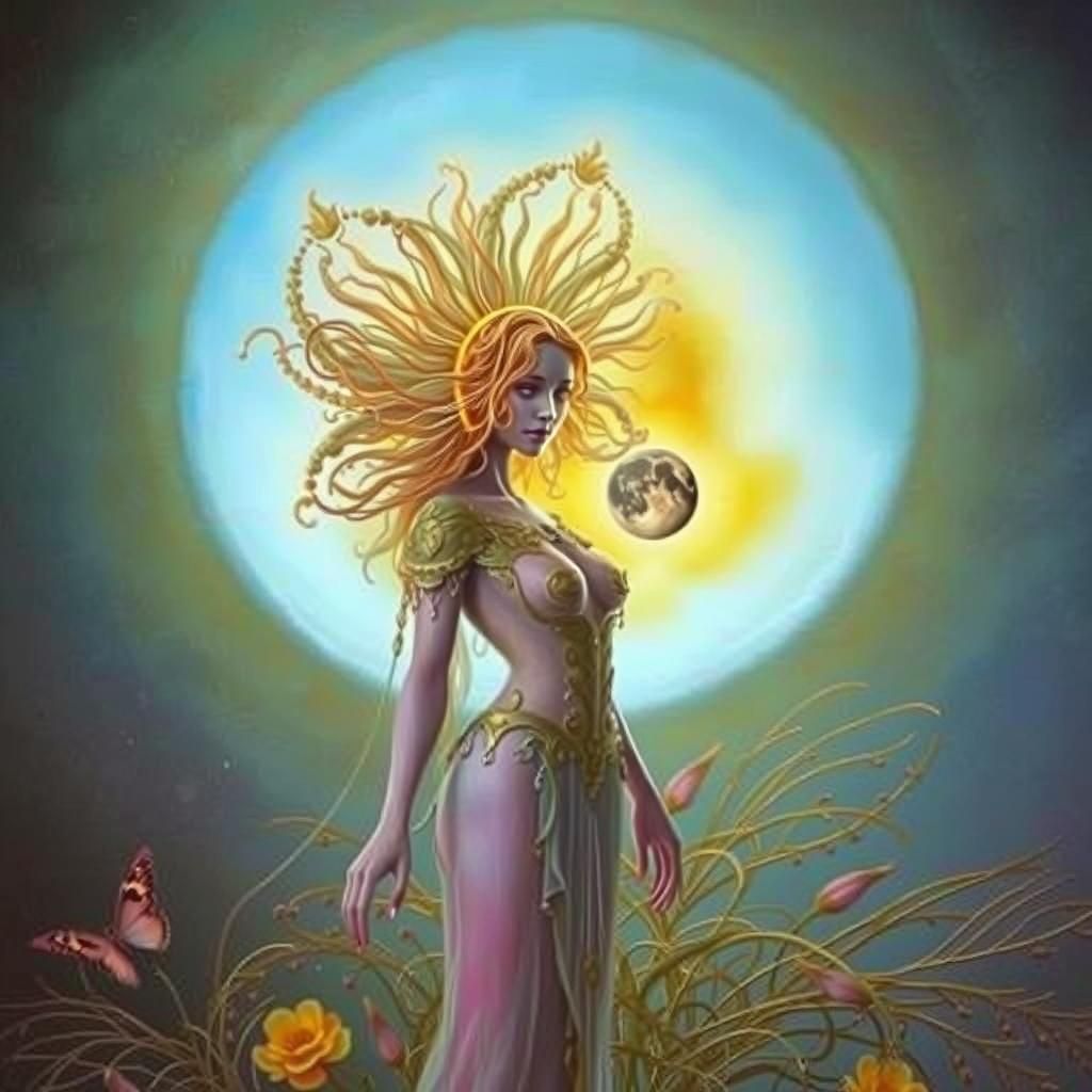Surreal Woman Emerges from Sun and Moon Flower