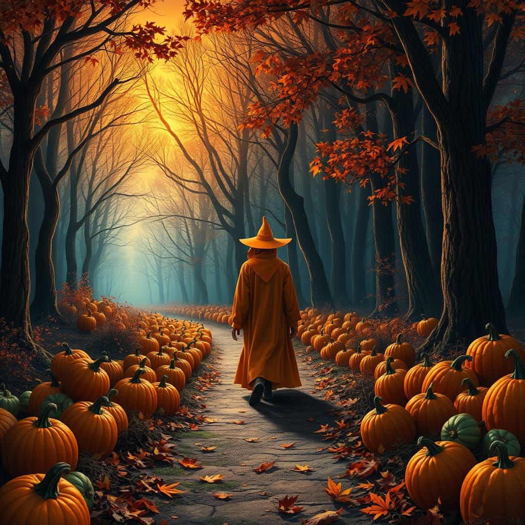 Autumn Witch on Pumpkin Path at Sunset