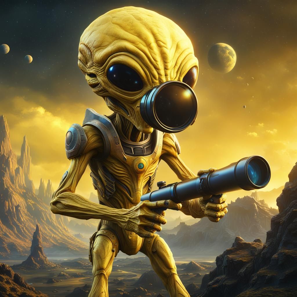 Yellow Alien Gazing Through Telescope in Detailed Art