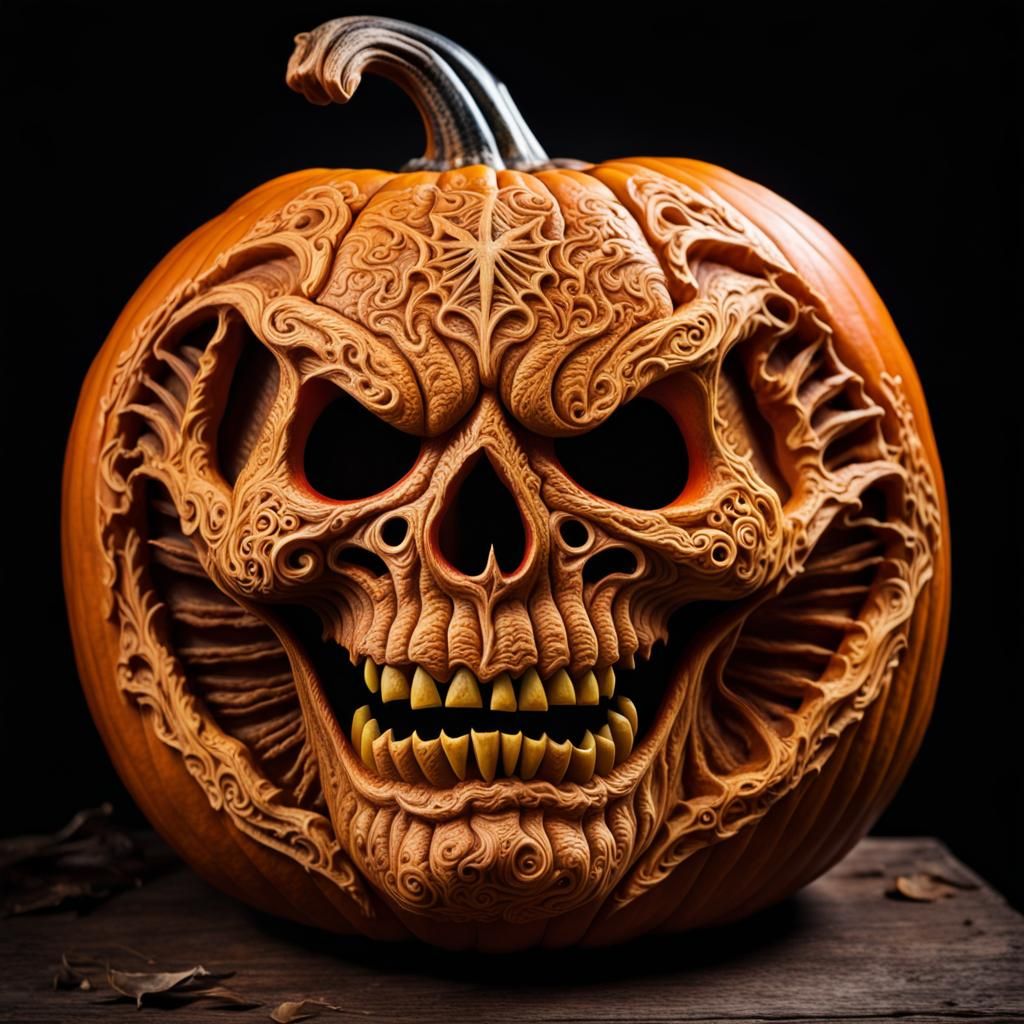 Intricately Carved Scary Halloween Pumpkin