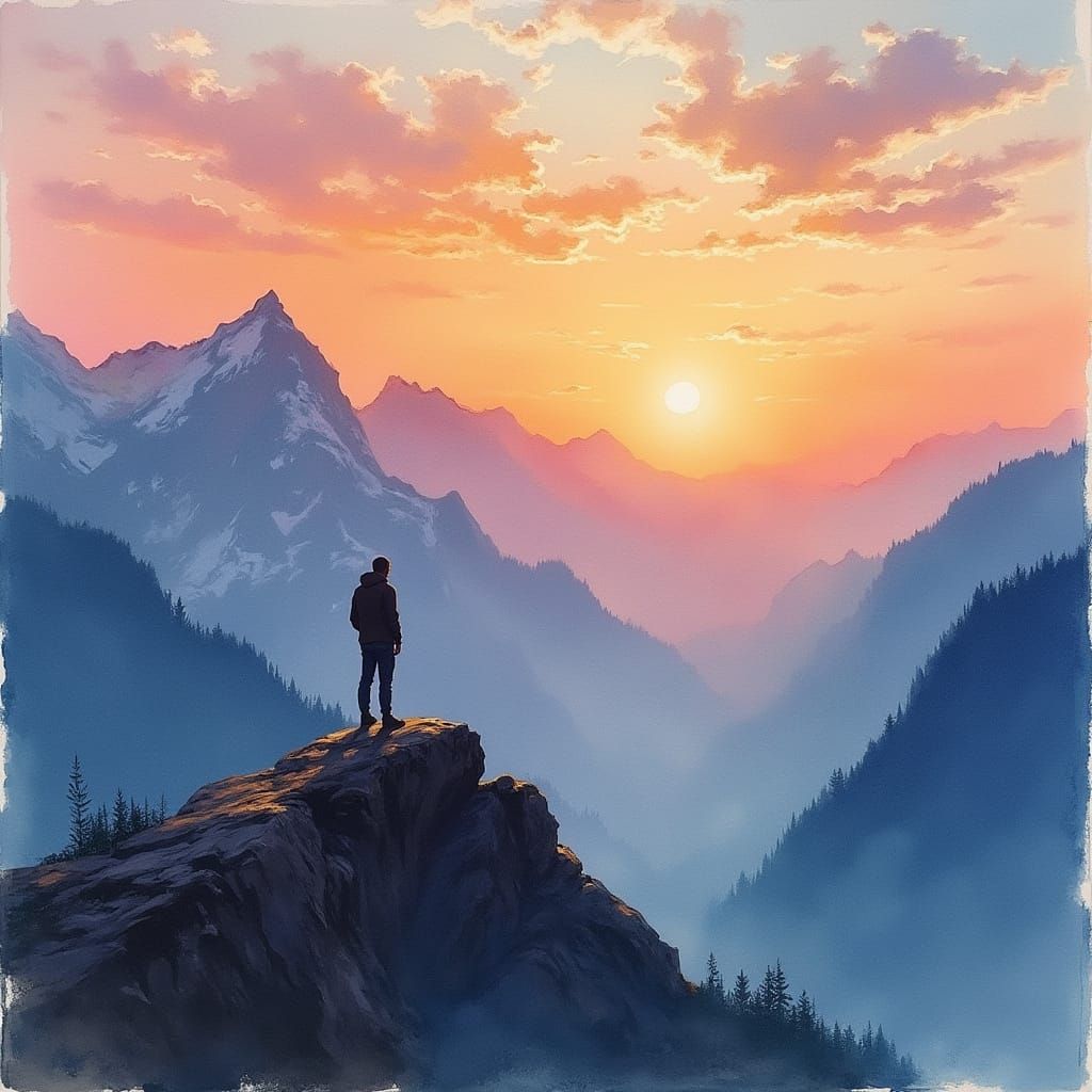 Figure on Mountain Top Gazing at Sunset Landscape