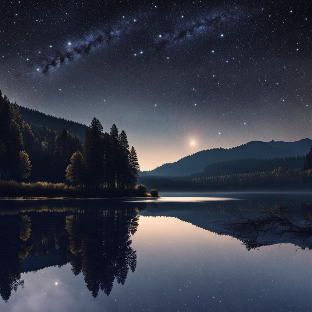 Starry Night Reflection Over Lake