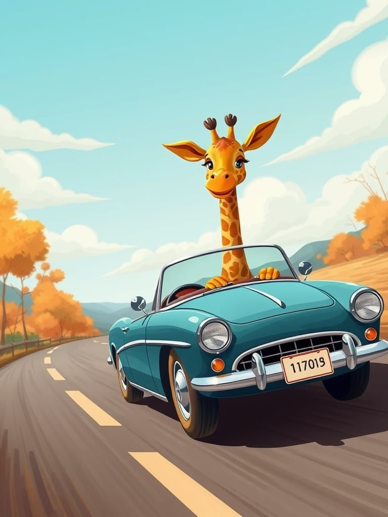 Cartoon Giraffe Driving a Convertible in Autumn