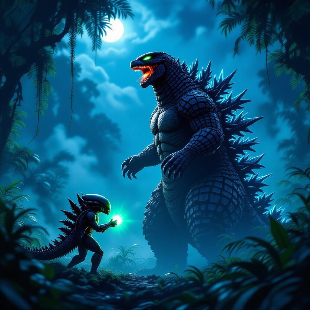 Tiny Xenomorph Hunts Laughing Godzilla in Jungle Night