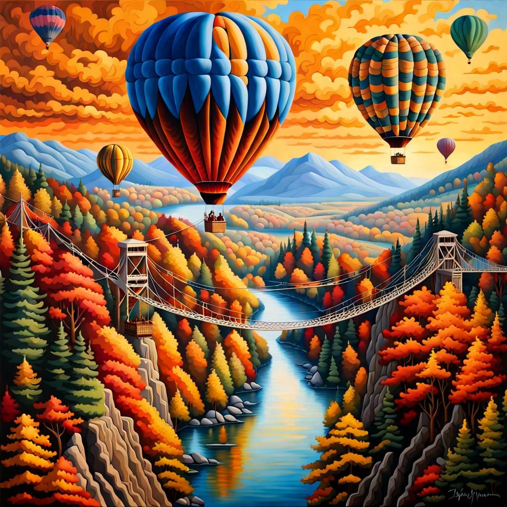Utopian Hot Air Balloon City in Autumn Landscape