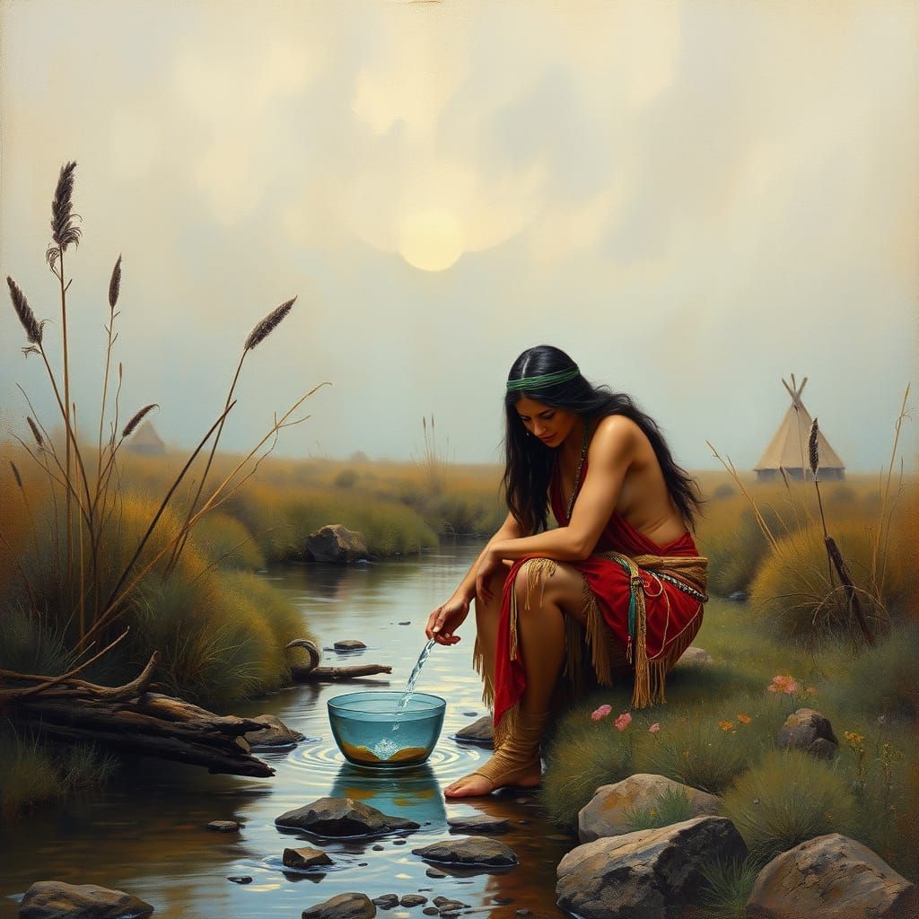 Native American Woman in Plains Village, Oil Painting Style