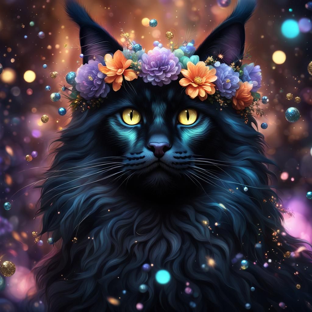 Majestic Black Maine Coon with Flower Crown