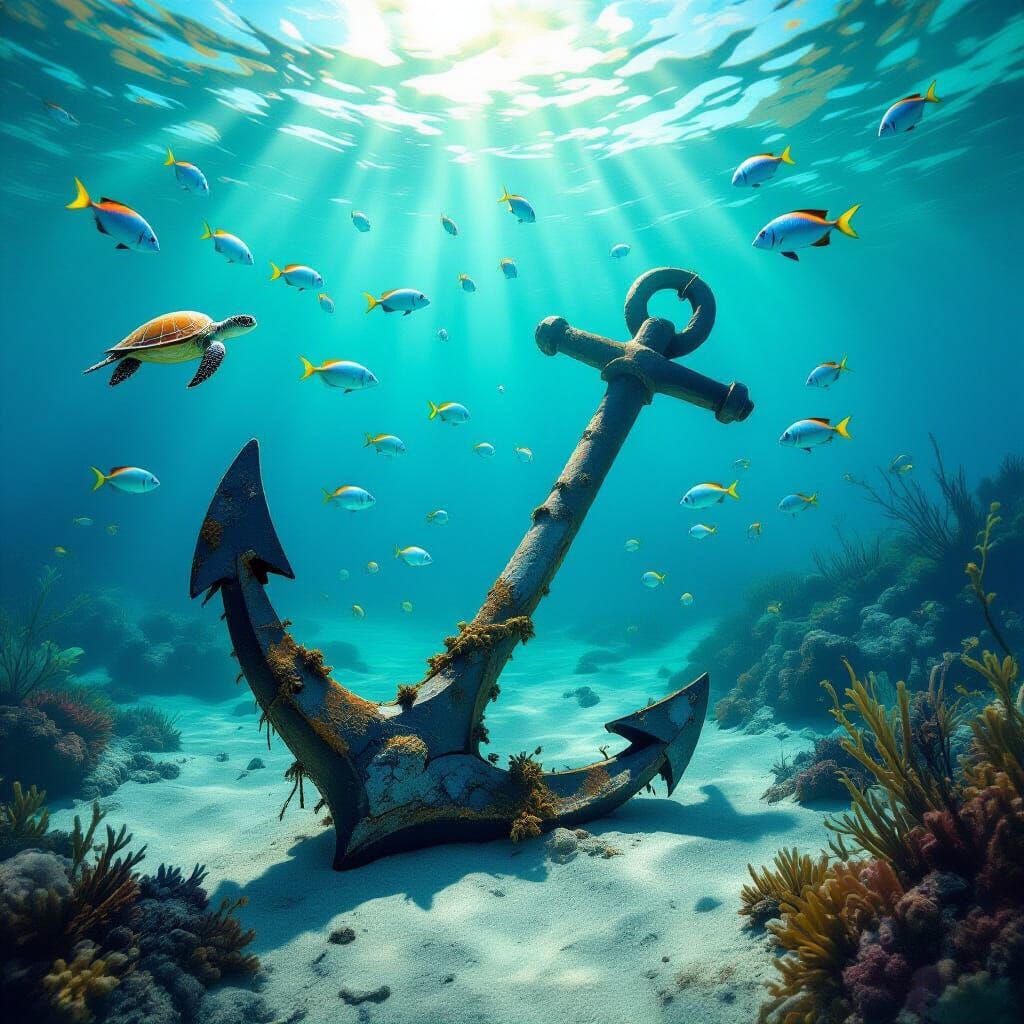 Submerged Anchor Surrounded by Marine Life