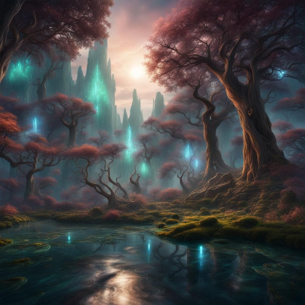 Galactic Sky Over Old World Forest: Detailed Matte Painting