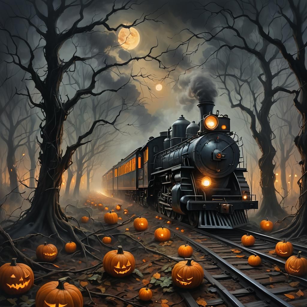 Pumpkin Train Cutting Through Foggy Forest