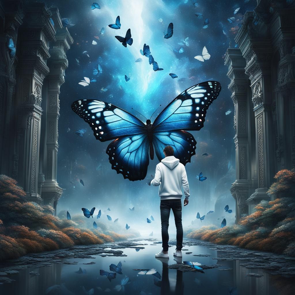 Man Reaching for Butterfly in Digital Painting