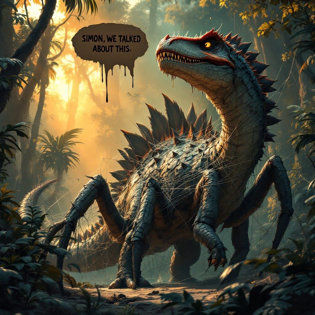 Stegosaurus Trapped in Spider's Web, Frustrated and Regretfu...