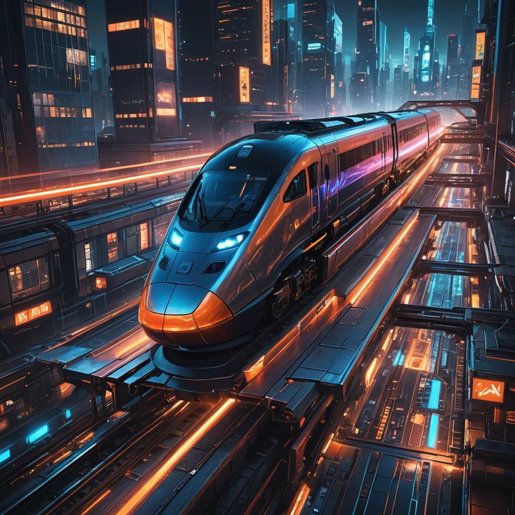 Futuristic Train Concept Art in Neon Cityscape