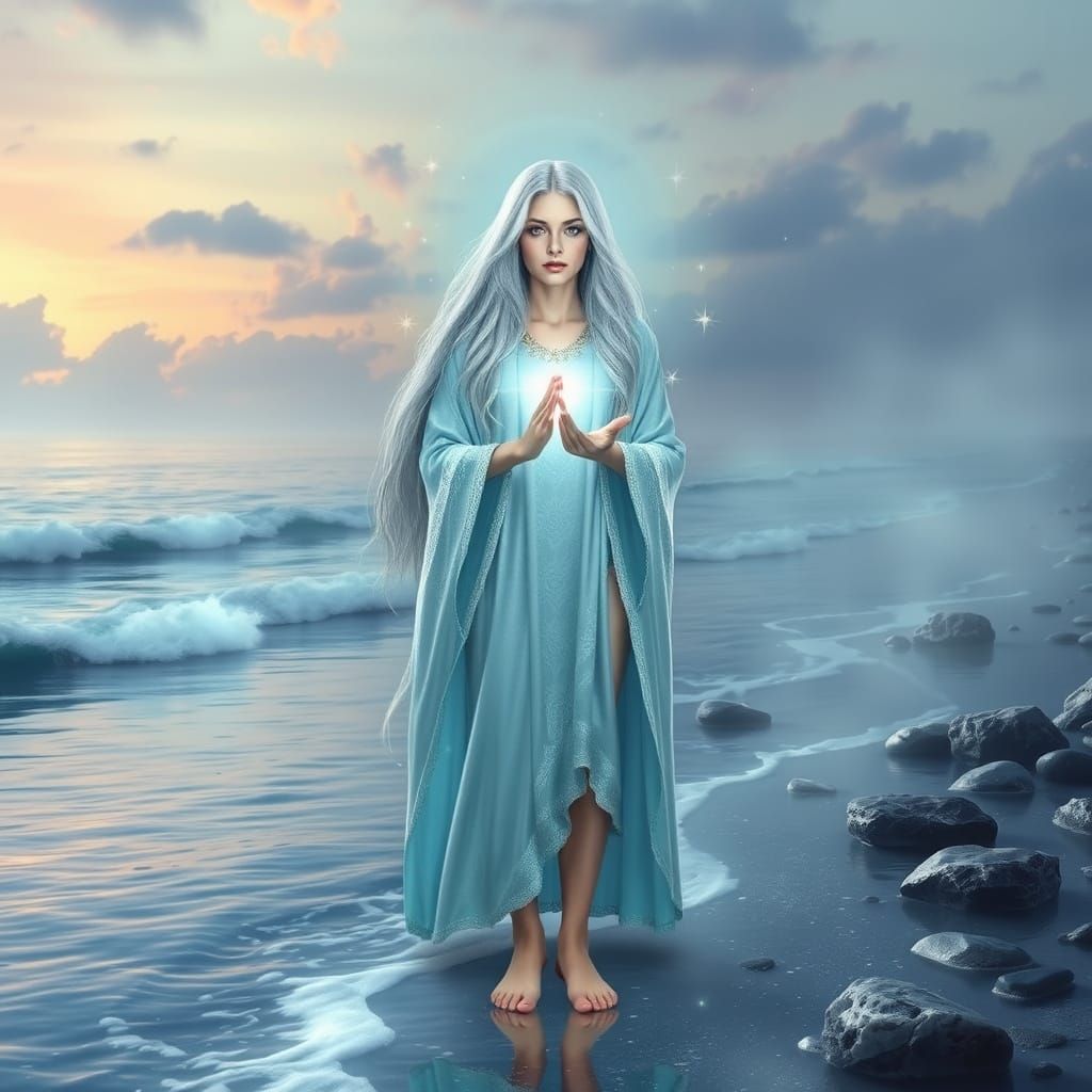 Lemurian Priestess on Crystal Shore in Ethereal Style