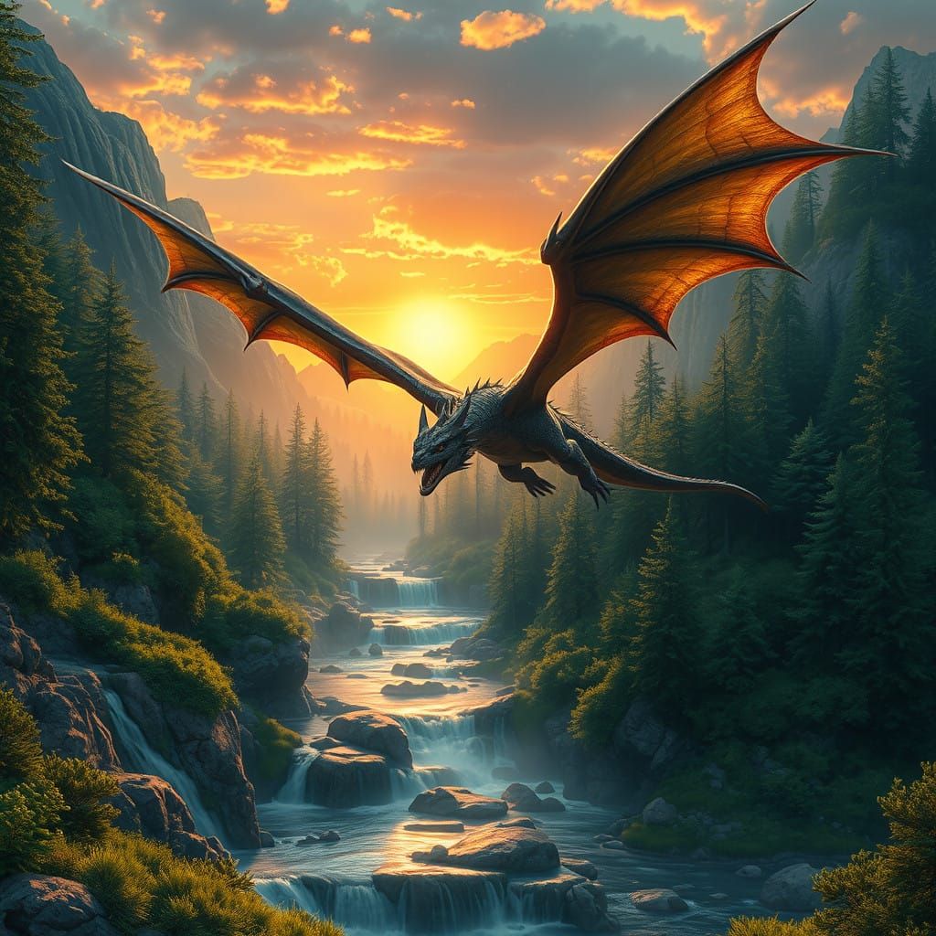 Dragon soars over serene rocky mountain stream and waterfall...