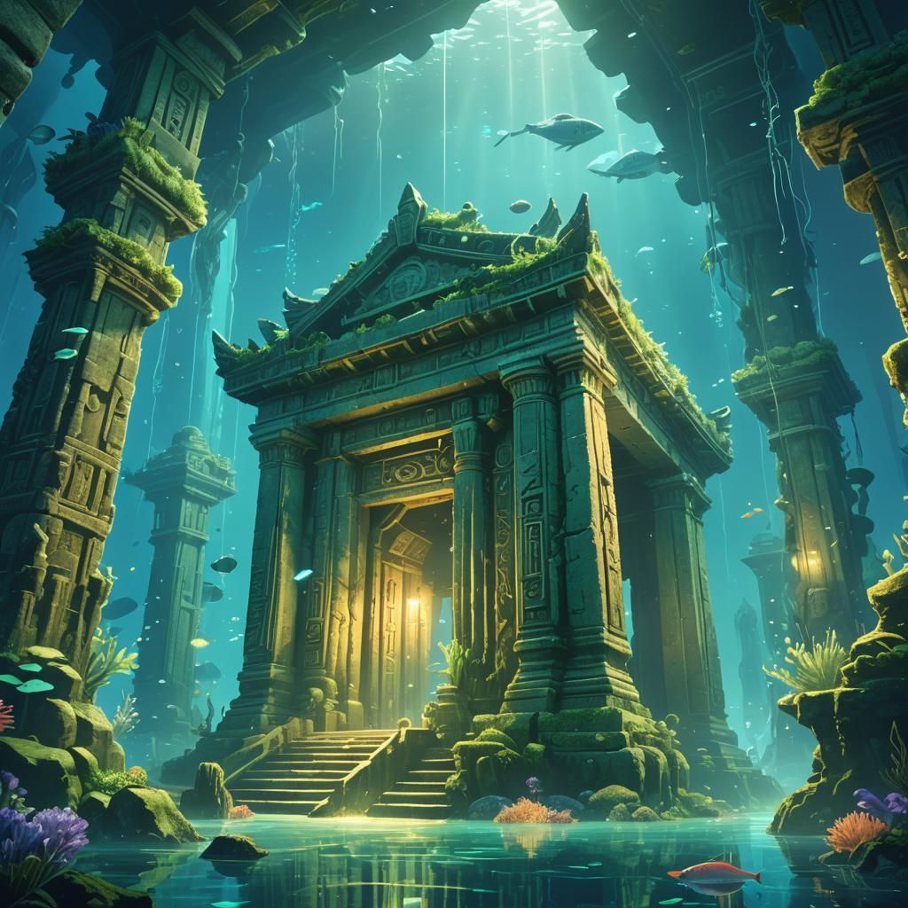 Underwater Temple Concept Art in Miyazaki Style