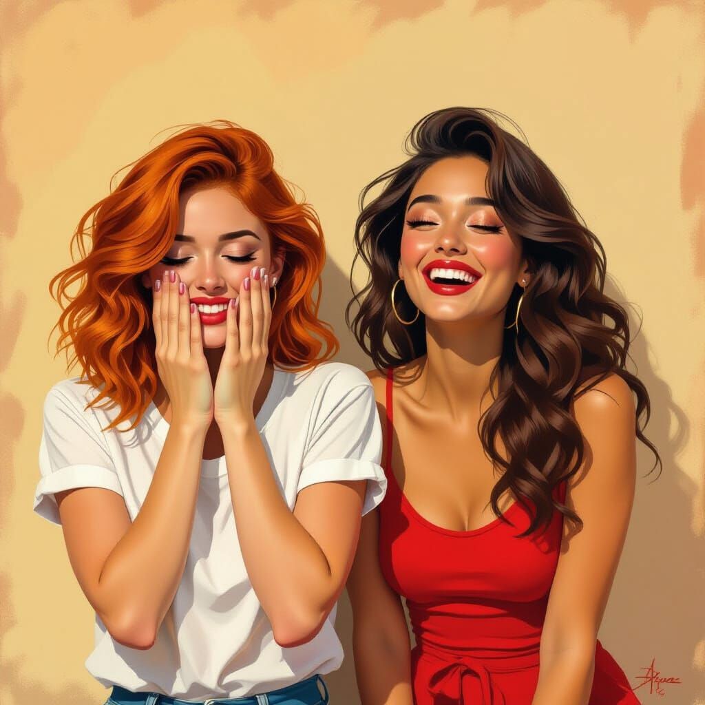 Women Sharing a Laugh in Expressive Oil Painting