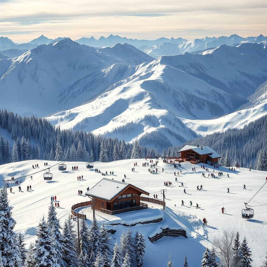 Snowy Mountain Ski Area with Skiers and Lifts