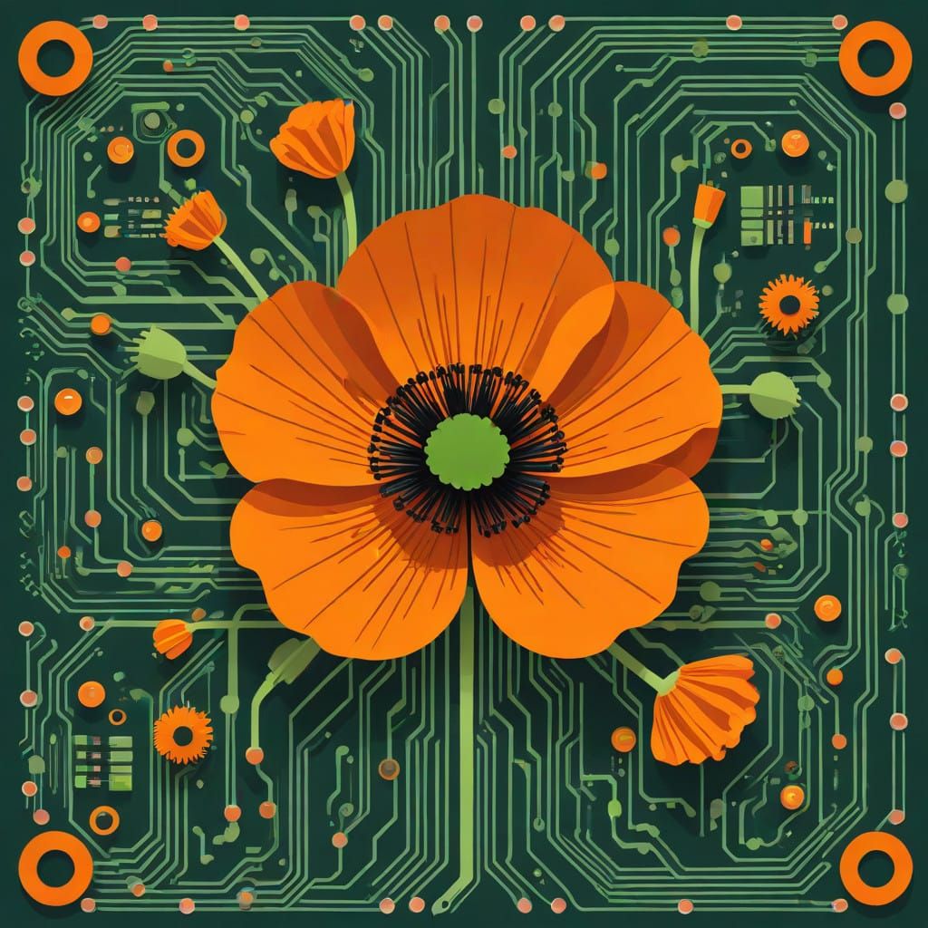 Surreal Poppy Blooms Amongst Circuitry in Bold Flat Design