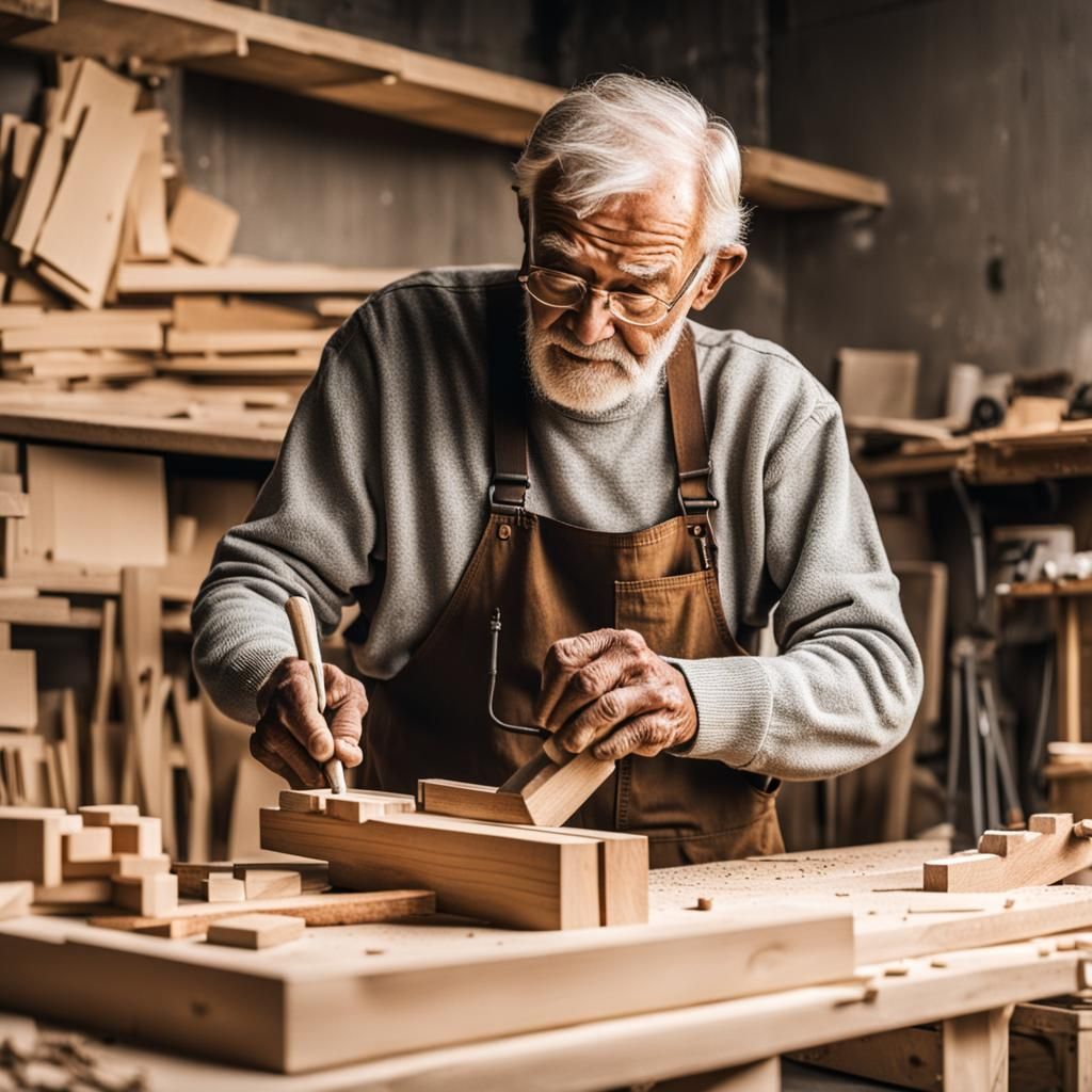 A old man building things from wood, professional, loving,detailed
