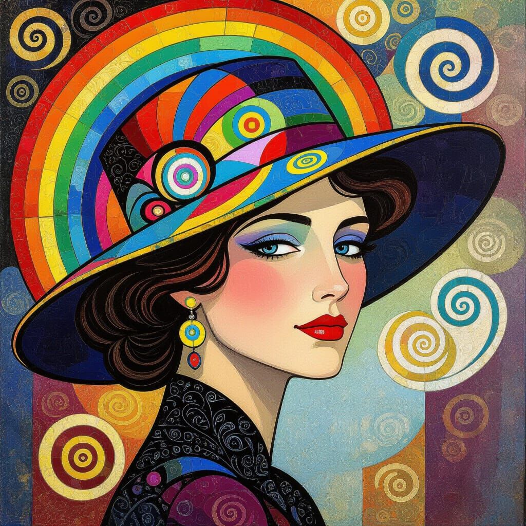 Woman with Abstract Rainbow Hat in Klimt-Kandinsky Style