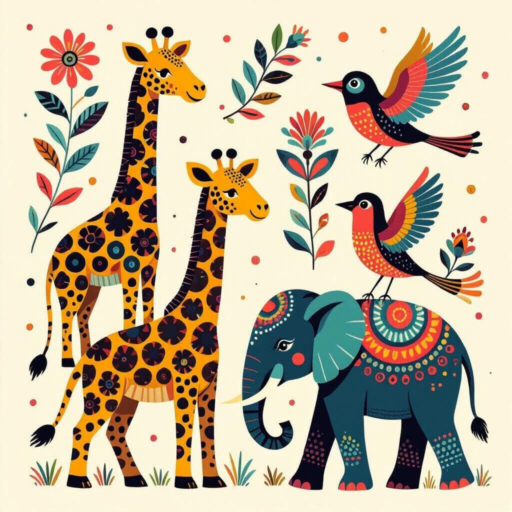 Stylized Animals with Pointillist Tribal Markings