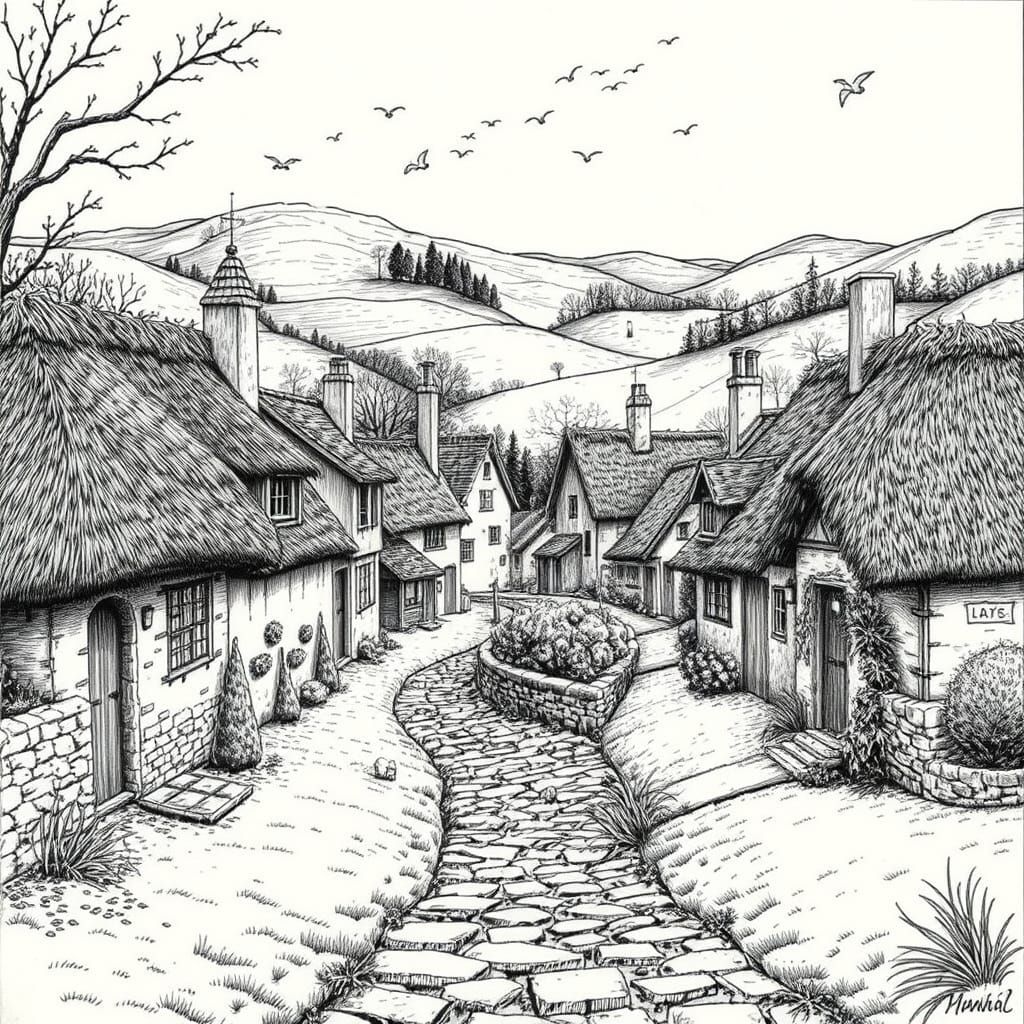 Charming Village in Pen and Ink Style