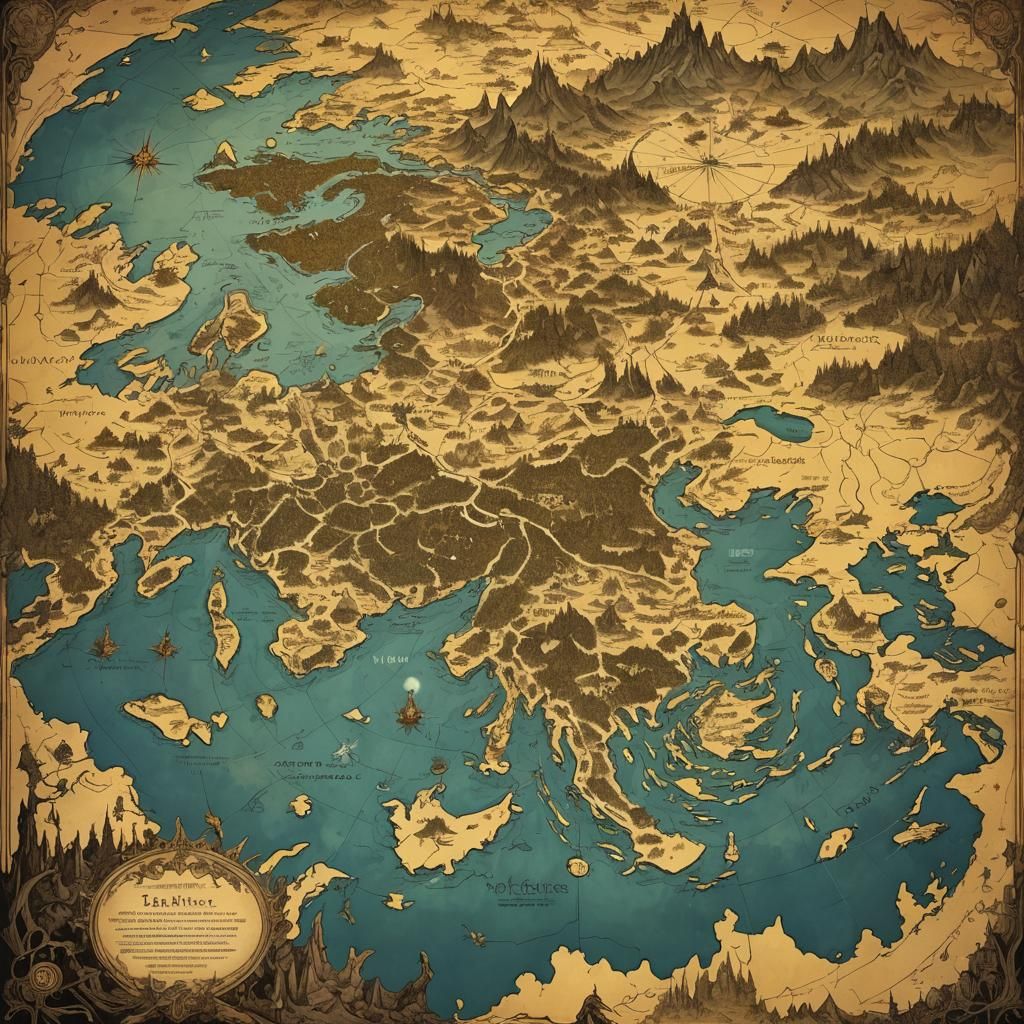 Mystical Realm Map with Dragons and Runes