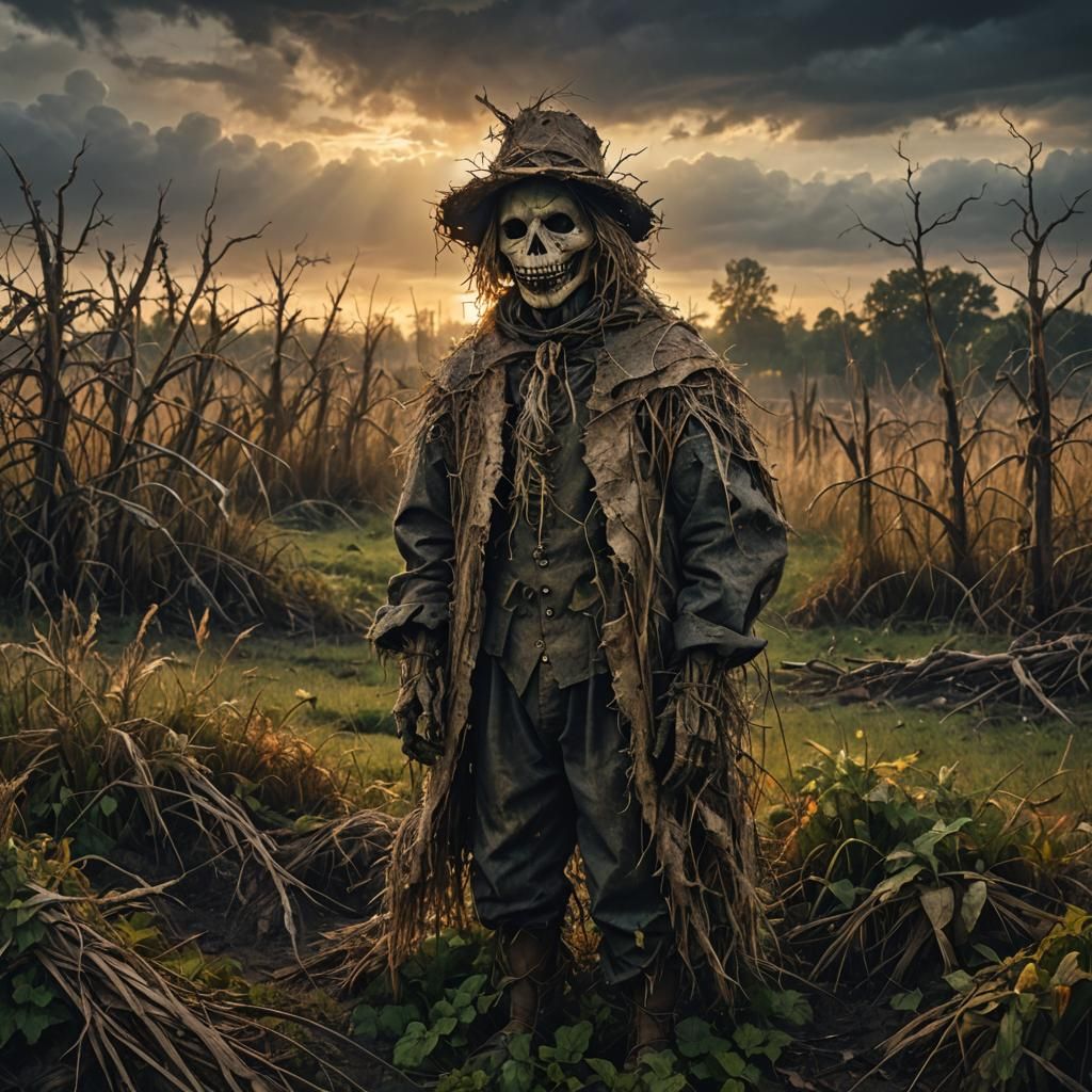 Eerie Scarecrow in Dark Fantasy Landscape