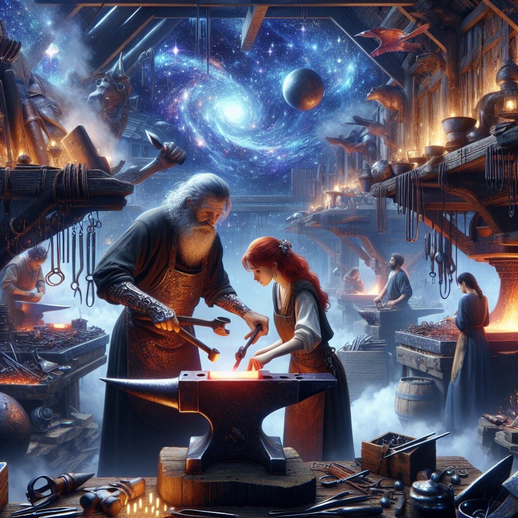 Elderly Middle-Eastern Blacksmith Teaches Apprentice in Atmo...