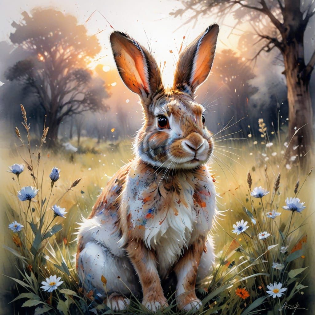 Peaceful Rabbit in Sunset Meadow Scene