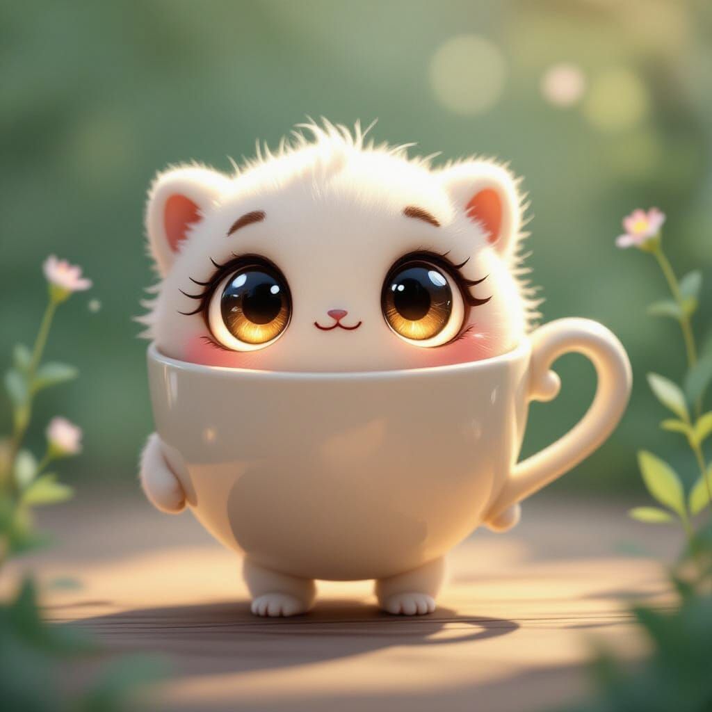 Cute Teacup Creature with Glowing Eyes