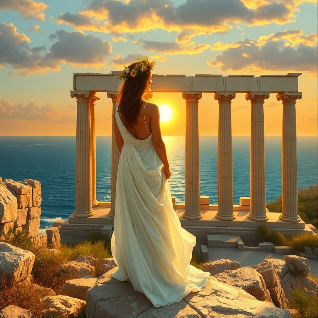 Ancient Greek Goddess Seeks Solace by the Sunset Sea