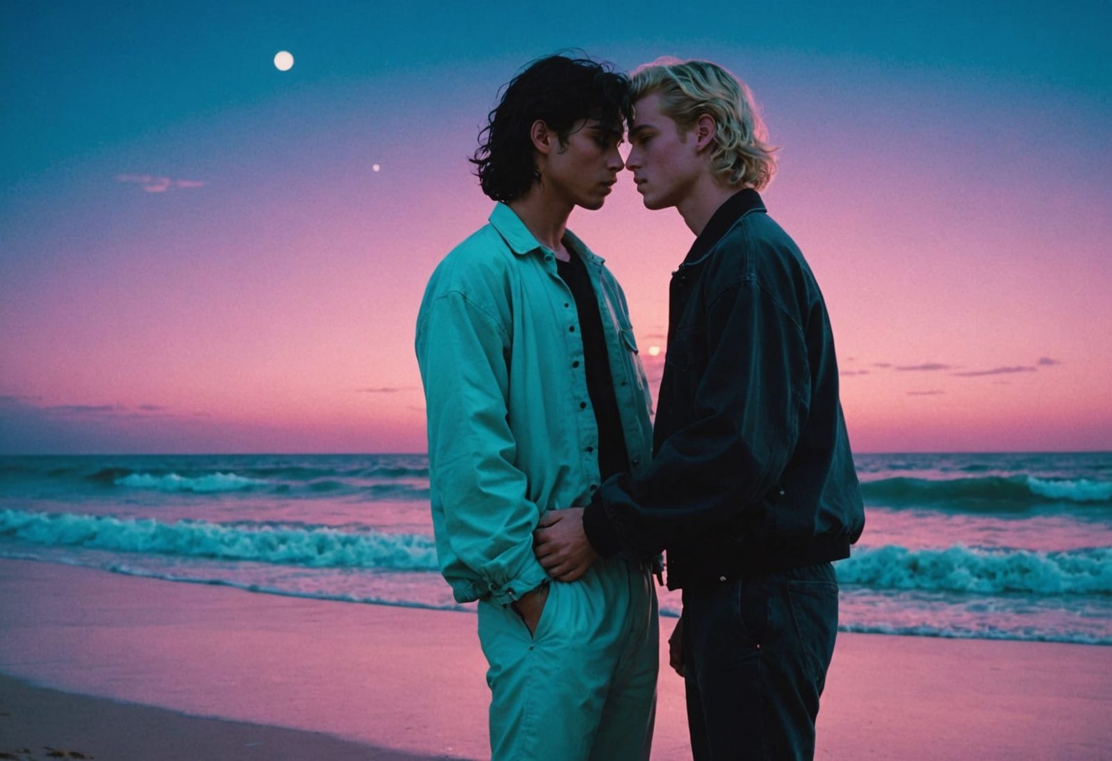 Vaporwave Couple Embracing on Moonlit Beach