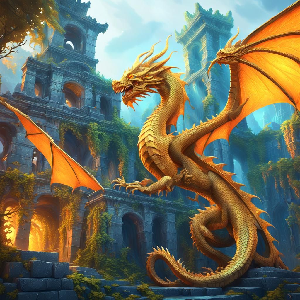 Golden Dragon in Mystical Ruins: Fantasy Oil Painting