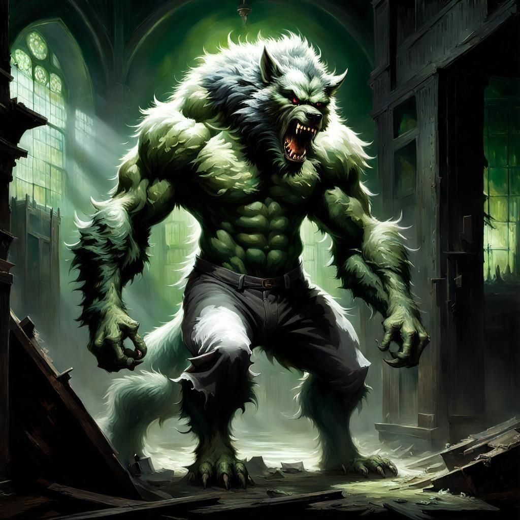 Green Werewolf Howling in Abandoned Lab, Impressionistic Oil