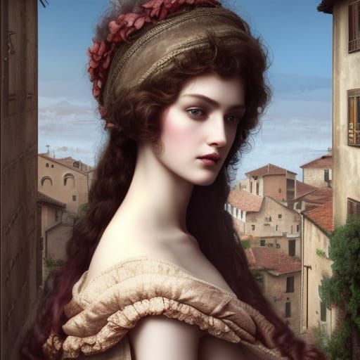 Noble Woman in Italian Village: Photorealistic Digital Art
