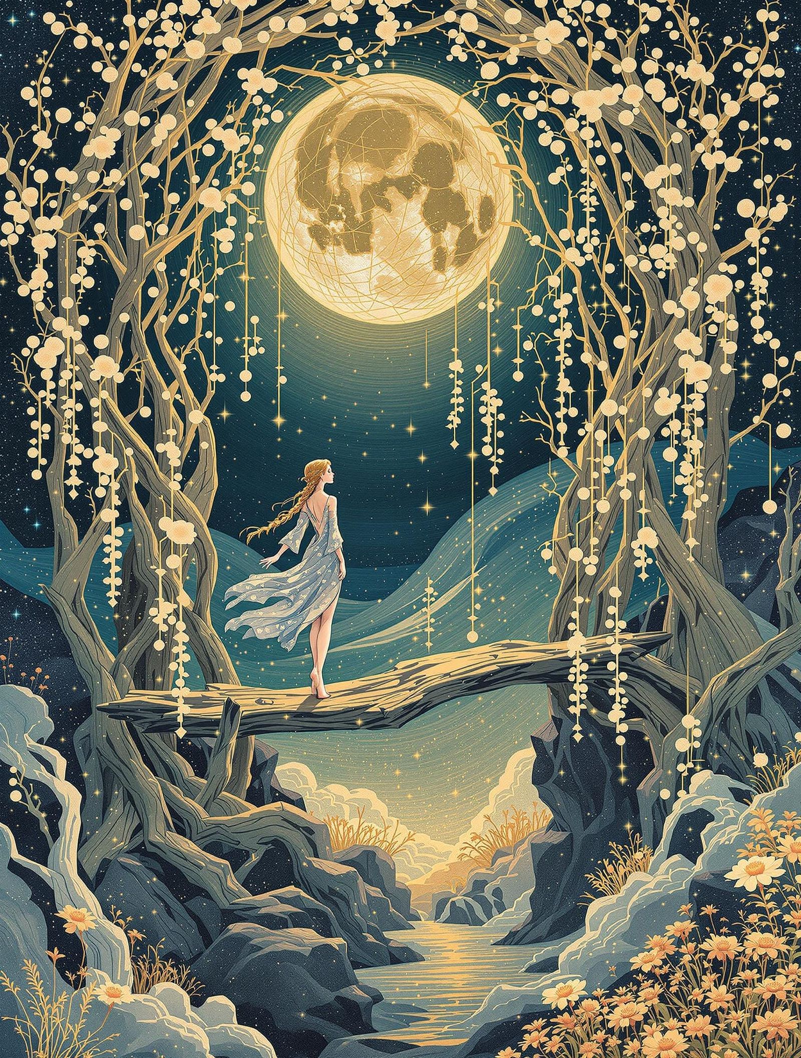 Japanese Woodblock Print: Gravity Garden in Luminous Bloom