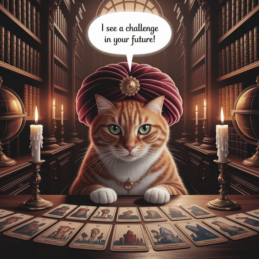 Ginger Cat Fortune Teller in Opulent Study