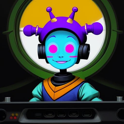 Happy Robot Jester in Retro VHS Aesthetic